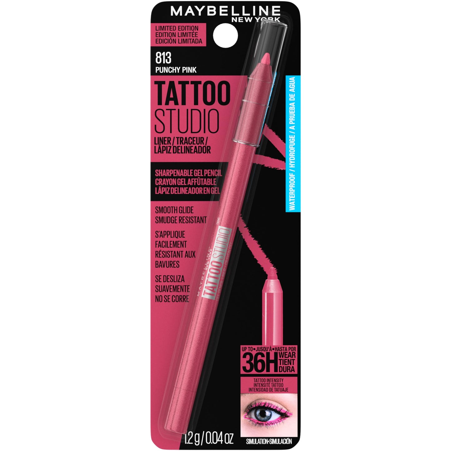 MAYBELLINE Tattoo Studio Sharpenable Eyeliner Pencil, 36 Hour Wear, Waterproof, Punchy Pink, 1 Count