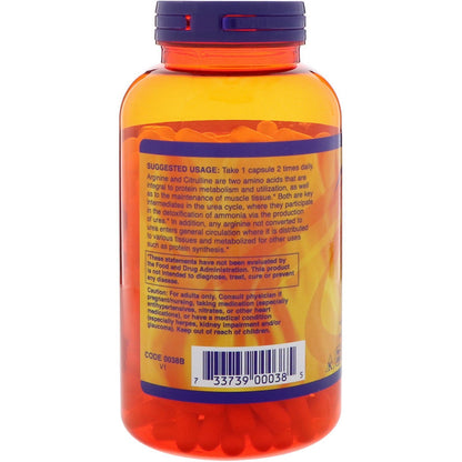 NOW Sports Nutrition, Arginine & Citrulline 500 mg/ 250 mg, Amino Acids, 240 Veg Capsules
