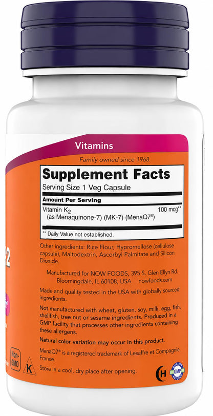 Now Supplements, MK-7 Vitamin K-2 100 mcg, Cardiovascular Support*, Supports Bone Health*, 180 Veg Capsules