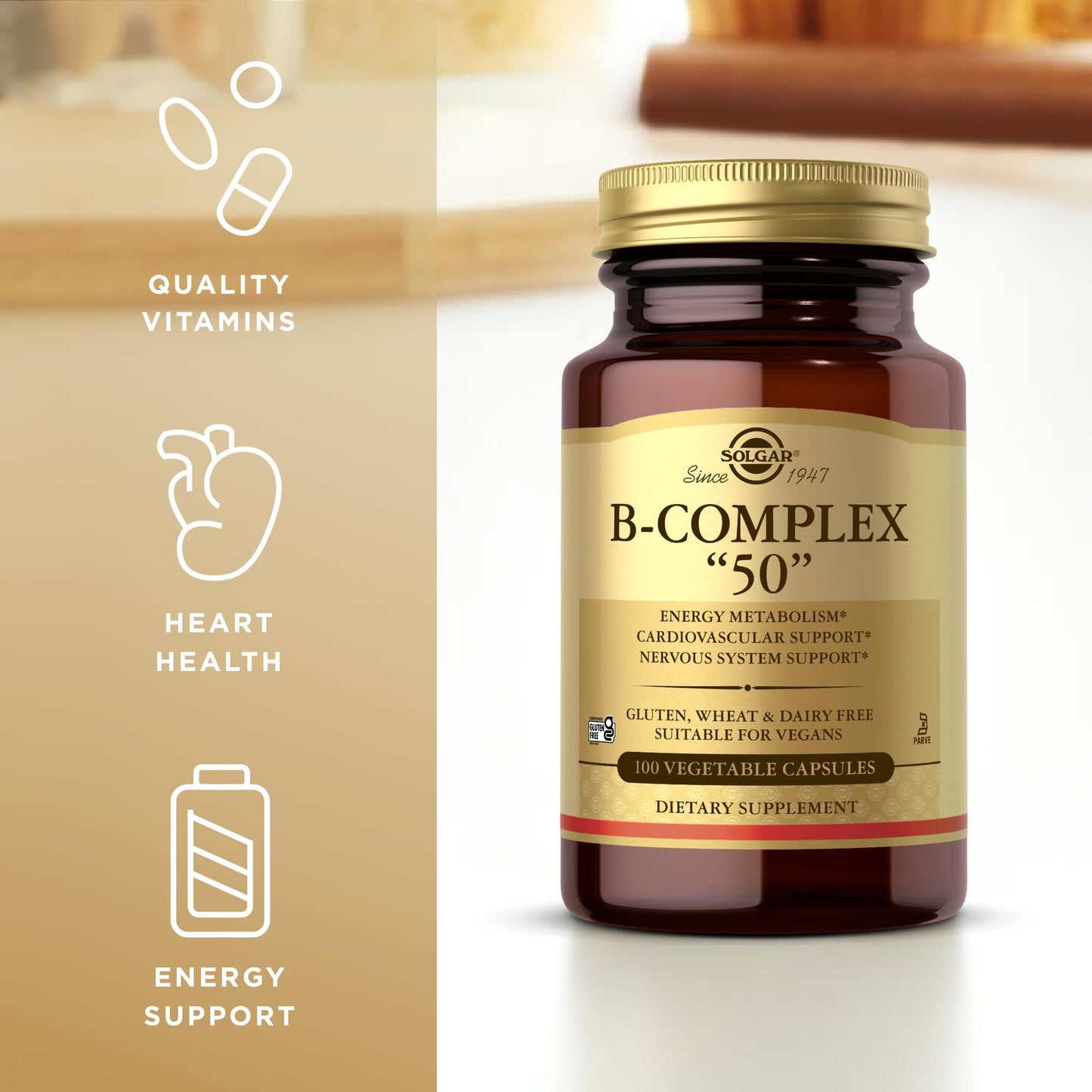 Solgar B-Complex "50" - 100 Vegetable Capsules - Energy Metabolism, Cardiovascular & Nervous System Support - Non-GMO, Vegan, Gluten Free - 100 Servings