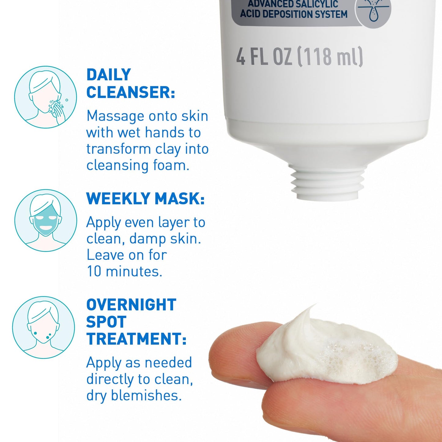 CeraVe Clay to Foam Acne Face Wash, Salicylic Acid Spot Treatment, 4 Oz