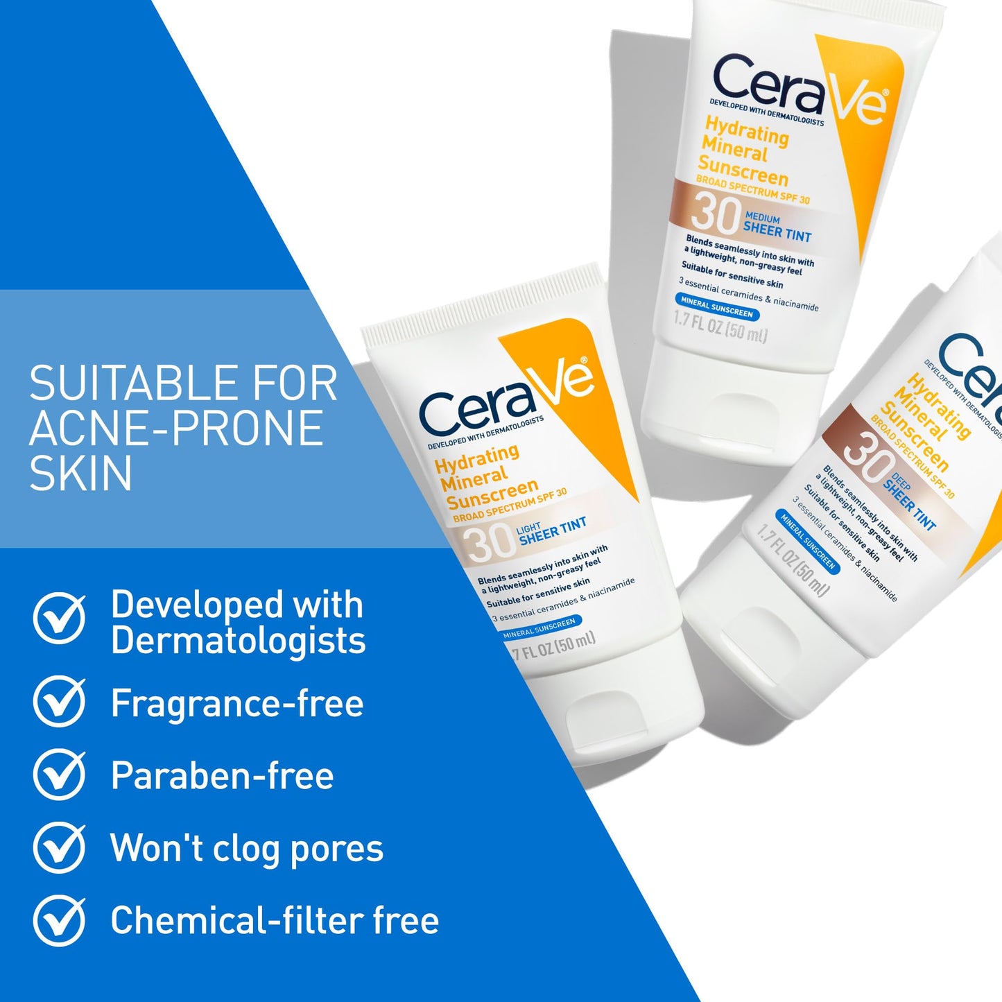 CeraVe Tinted Sunscreen for Face, Mineral SPF 30 Moisturizer, Light, 1.7oz