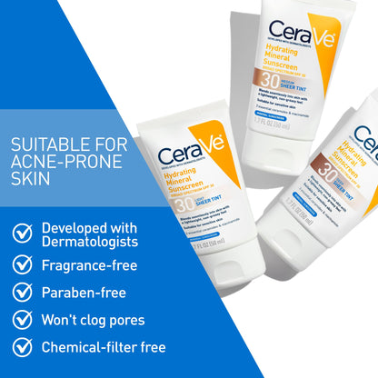 CeraVe Tinted Sunscreen for Face, Mineral SPF 30 Moisturizer, Light, 1.7oz