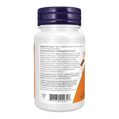 NOW Supplements, Probiotic-10™, 100 Billion, with 10 Probiotic Strains,Dairy, Soy and Gluten Free, Strain Verified, 30 Veg Capsules