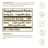 Solgar Folate 1,333 mcg DFE (Folic Acid 800 mcg) - 250 Tablets, Pack of 2 - Prenatal Support - Non-GMO, Vegan, Gluten Free, Dairy Free, Kosher, Halal - 500 Total Servings