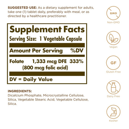 Solgar Folate 1,333 mcg DFE (Folic Acid 800 mcg) - 250 Tablets, Pack of 2 - Prenatal Support - Non-GMO, Vegan, Gluten Free, Dairy Free, Kosher, Halal - 500 Total Servings