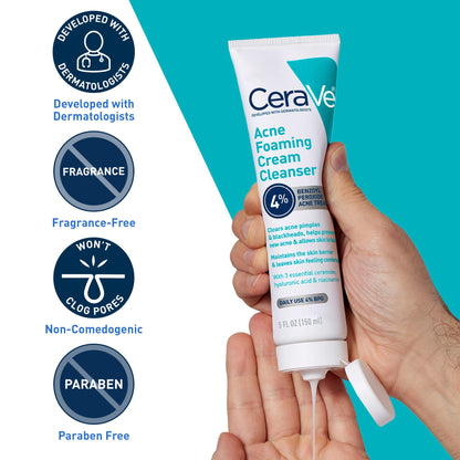 CeraVe Foaming Acne Cream Cleanser, Face Wash with 4% Benzoyl Peroxide, 5oz