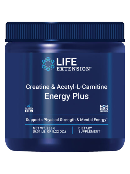 Life Extension Creatine Acetyl-L-Carnitine Energy Plus, Energy Support Supplement, creatine monohydrate, Acetyl-L-carnitine, Gluten-Free, Non-GMO, Vegetarian, 30 Servings
