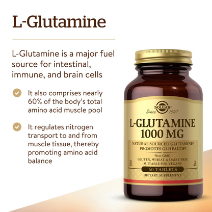 Solgar L-Glutamine 1000 mg, 60 Tablets - Natural Muscle Food - 30 Servings