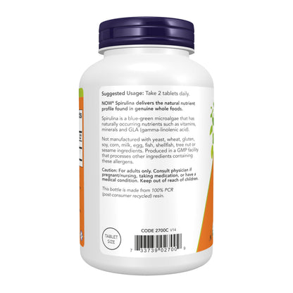 NOW Foods Supplements, Organic Spirulina 500 mg with Vitamins, Minerals and GLA (Gamma-Linolenic Acid), 500 Tablets