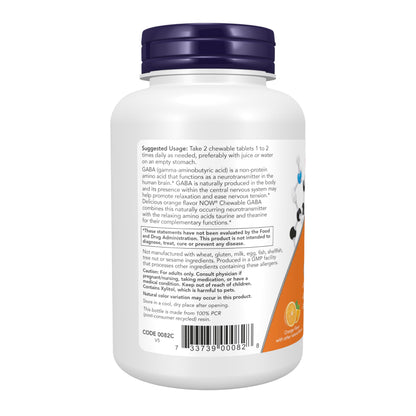 NOW Foods Supplements, GABA (Gamma-Aminobutyric Acid), Neurotransmitter Support*, Orange Flavor, 90 Chewables