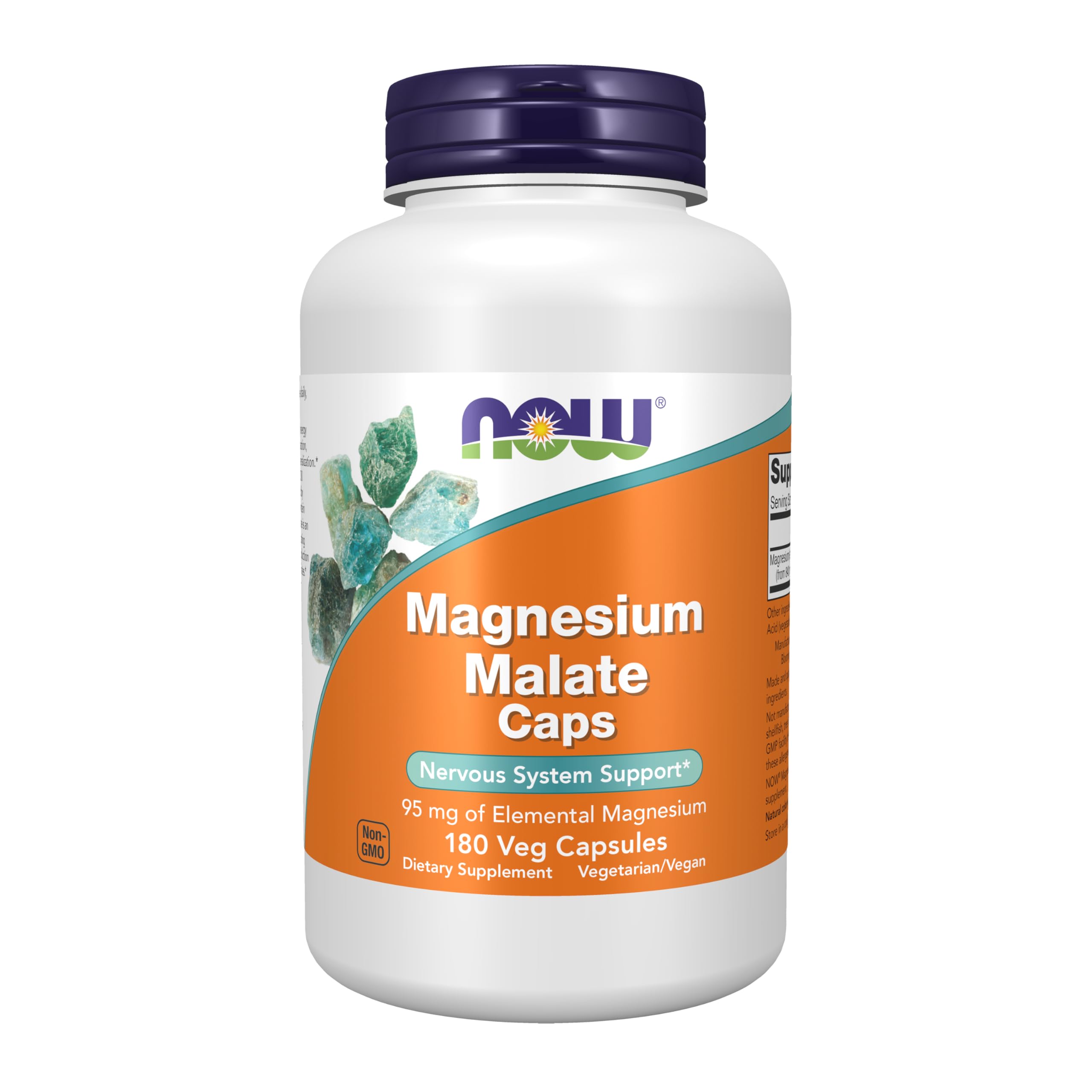 NOW Foods Supplements, Magnesium Malate Caps with 95 mg of Elemental Magnesium, Nervous System Support*, 180 Veg Capsules