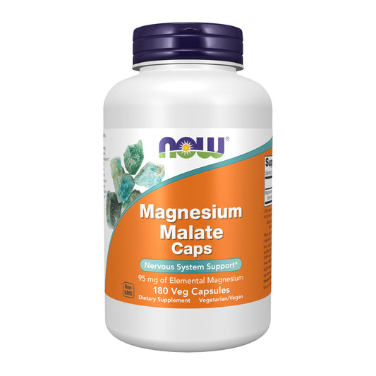 NOW Foods Supplements, Magnesium Malate Caps with 95 mg of Elemental Magnesium, Nervous System Support*, 180 Veg Capsules