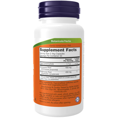 NOW Foods Supplements, Echinacea & Goldenseal Root, 225/225 mg Blend, Immune System Support*, 100 Veg Capsules