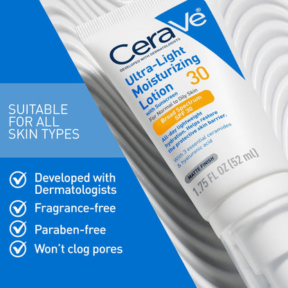 CeraVe Ultra-Light Moisturizing Lotion SPF 30, Sunscreen for Face, 1.7oz