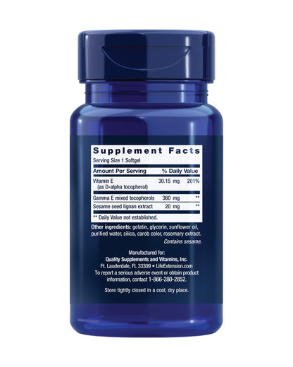 Life Extension Gamma E Mixed Tocopherols, Healthy Aging, Vitamin E Supplement, Enhanced with Sesame lignans, Gluten-Free, Non-GMO, 60 softgels