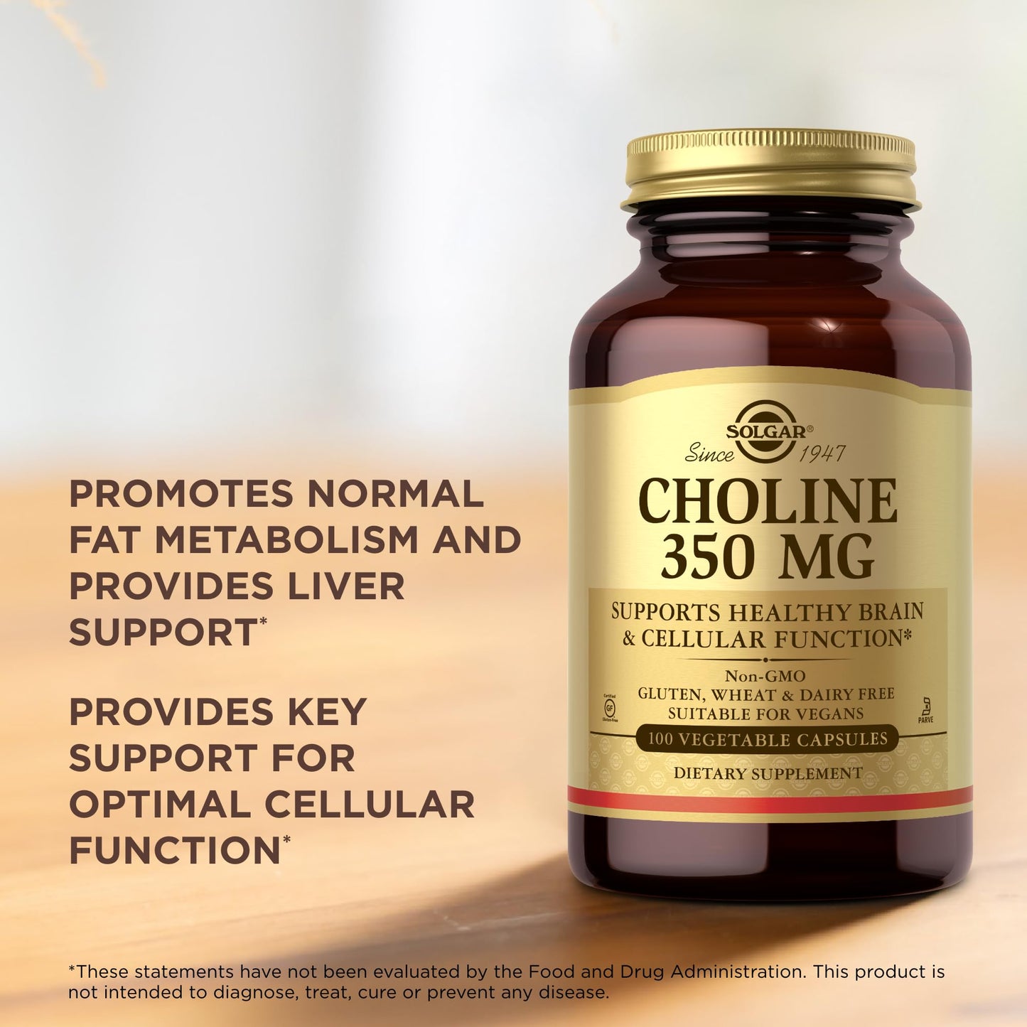 Solgar Choline 350 mg - 100 Vegetable Capsules, Pack of 2 - Non-GMO, Vegan, Kosher - 200 Total Servings