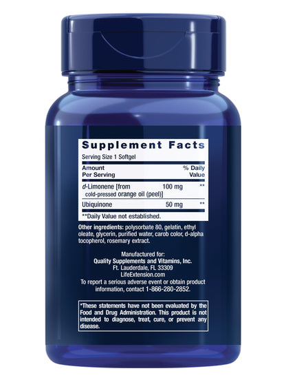 Life Extension Super-Absorbable CoQ10 (Ubiquinone) with d-Limonene, Heart Health Supplement, relieves General Fatigue, oxidative Stress Defense, 50 mg, Non-GMO, Gluten-Free, 60 softgels