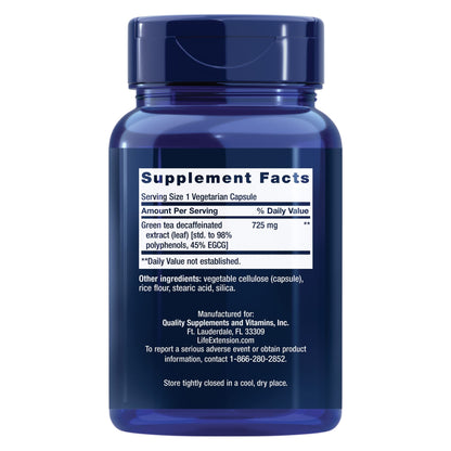 Life Extension Decaffeinated Mega Green Tea Extract – Polyphenol-Rich, Cell Health, Heart Health, Brain Health, Antioxidant Protection – Non-GMO, Gluten-Free, Vegetarian – 100 Capsules