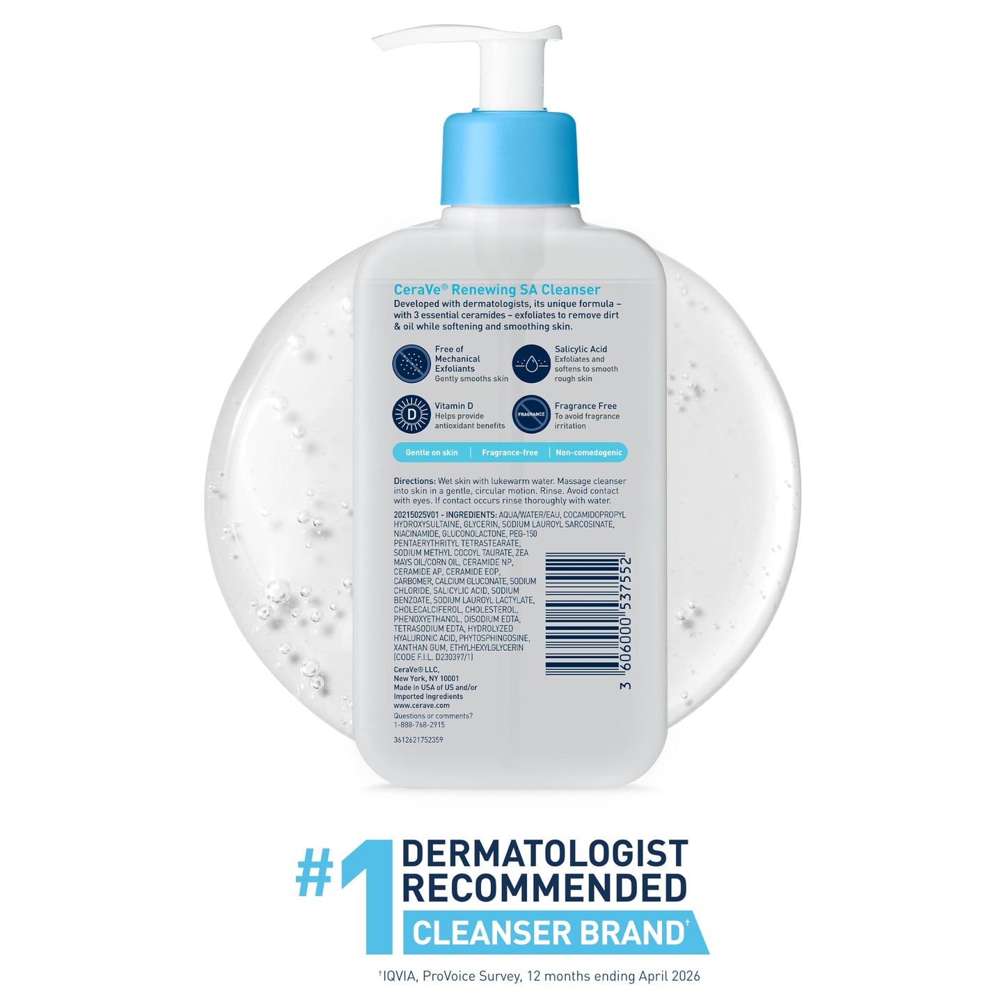 CeraVe Renewing Salicylic Acid Cleanser, BHA Exfoliating Face Wash, 16oz