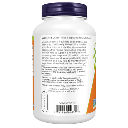 NOW Foods Supplements, Cinnamon Bark 600 mg, Non-GMO Project Verified, Healthy Glucose Metabolism*, 240 Veg Capsules