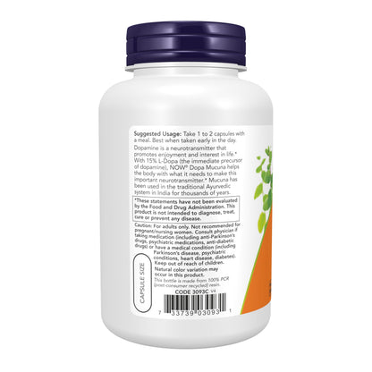 NOW Foods Supplements, DOPA Mucuna, Standardized Mucuna Extract with Naturally Occurring 15% L-Dopa, 180 Veg Capsules