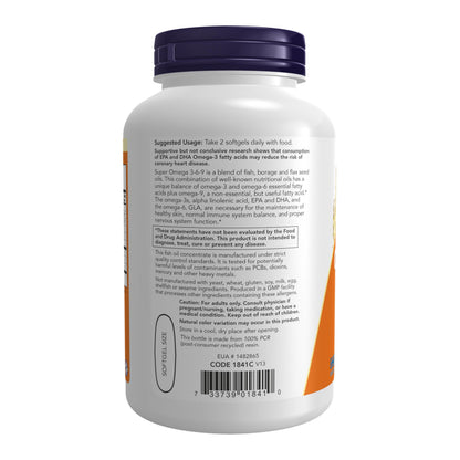 NOW Foods Supplements, Super Omega 3-6-9 1200 mg with a blend of Fish, Borage and Flax Seed Oils, 180 Softgels