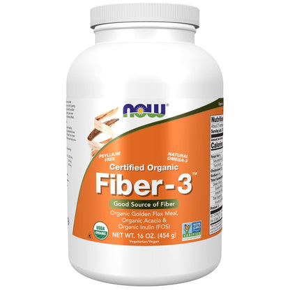 NOW Supplements, Fiber-3, Certified Organic, Non-GMO Project Verified, Psyllium Free, with Organic Golden Flax Meal, Acacia & Inulin, 16-Ounce
