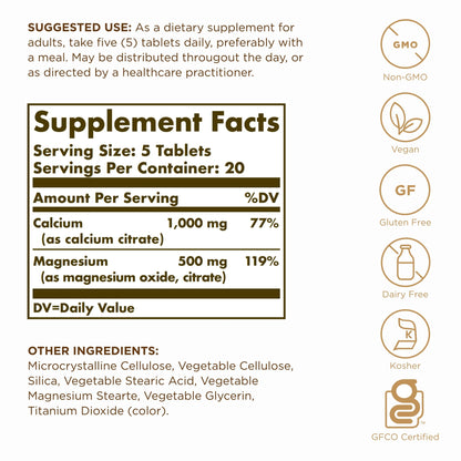Solgar Calcium Magnesium Citrate - 100 Tablets, Pack of 2 - Non-GMO, Vegan, Gluten Free, Kosher - 40 Total Servings