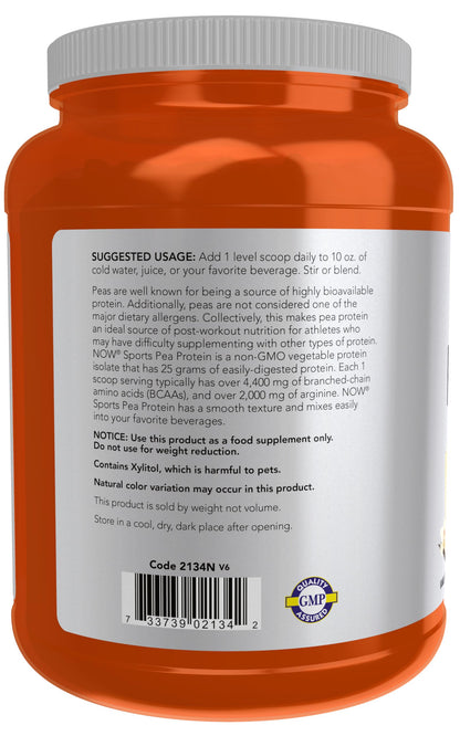 NOW Foods Sports Nutrition, Pea Protein 25 g With BCAAs, Easily Digested, Vanilla Toffee Powder, 2-Pound