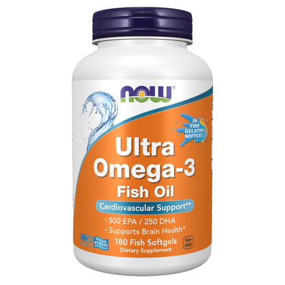 NOW Foods Supplements, Ultra Omega-3, 500 EPA and 250 DHA, Cardiovascular Support*, 180-Fish Gelatin Softgels