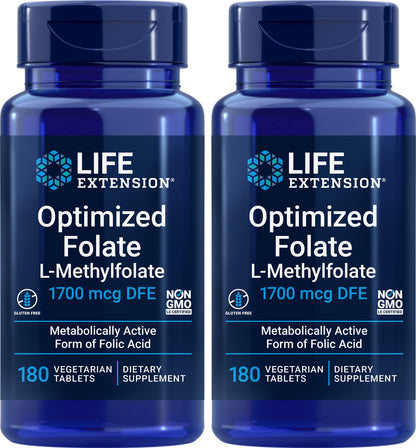 Life Extension Optimized Folate (L-Methylfolate) 1700 mcg DFE, 180 Veg Tablets (Pack of 2)