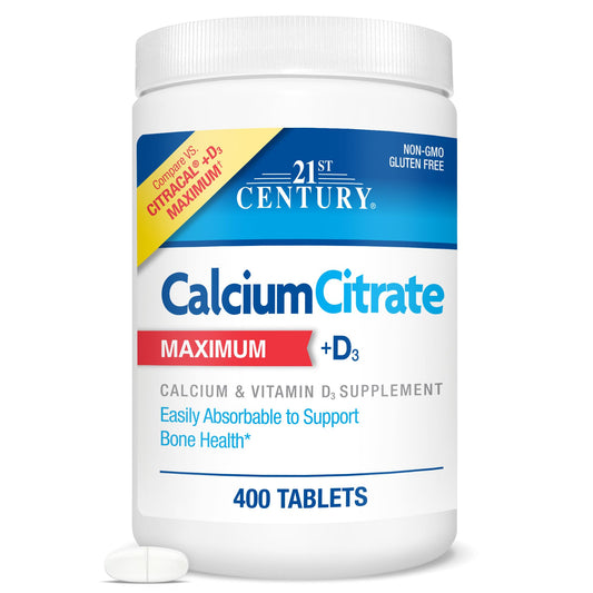 21st Century Calcium Citrate Plus D3 Maximum - 630 mg Calcium, Bone Health Support, Easily Absorbable, Gluten Free, Non-GMO, Compare to Citracal +D3, 400 Tablets