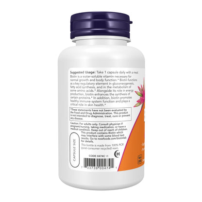 NOW Foods Supplements, Biotin 5,000 mcg, Amino Acid Metabolism*, Energy Production*, 120 Veg Capsules