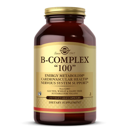 Solgar B-Complex "100", 250 Vegetable Capsules - Nervous System Support - Supports Energy Metabolism - Non-GMO, Vegan, Gluten Free, Dairy Free, Kosher - 250 Servings