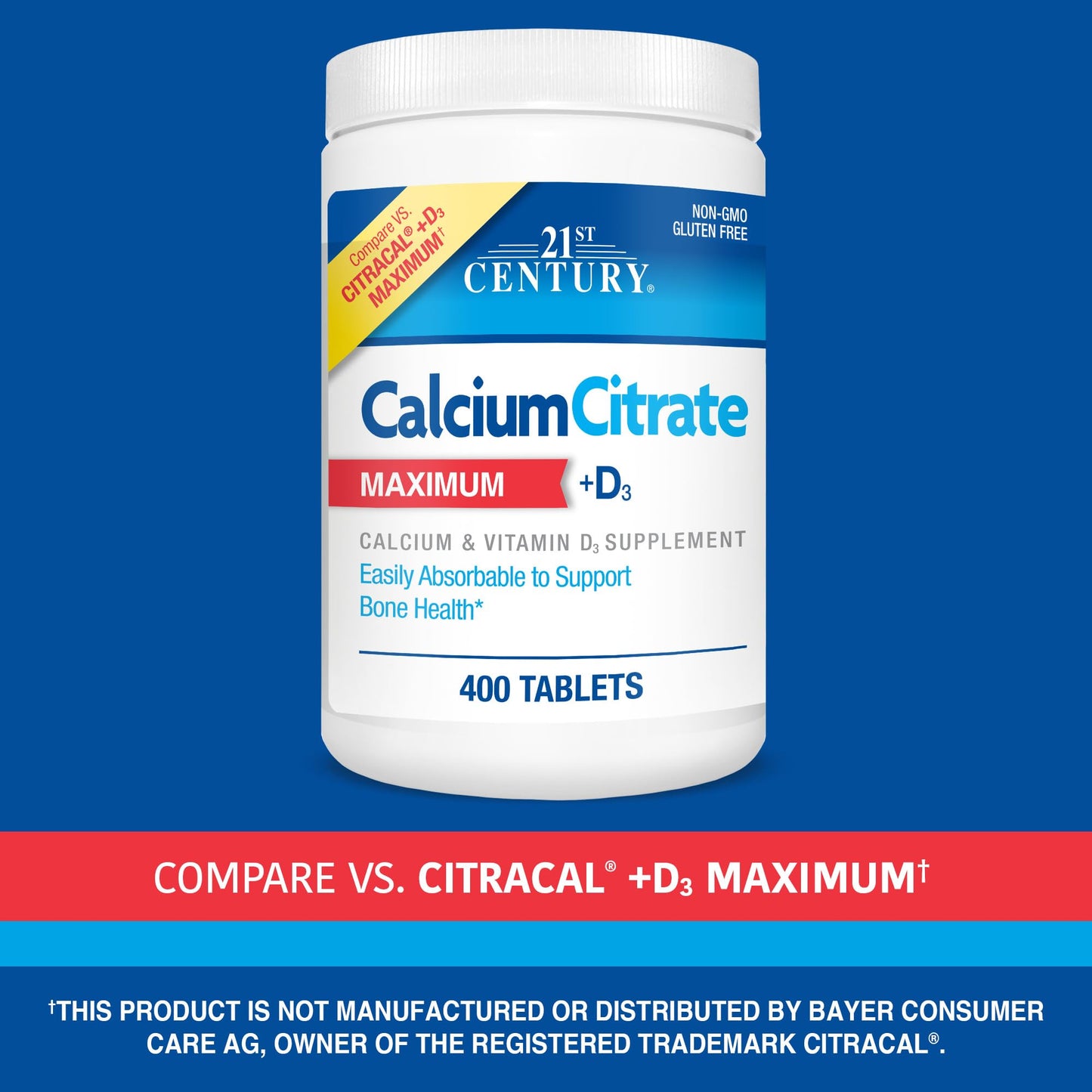 21st Century Calcium Citrate Plus D3 Maximum - 630 mg Calcium, Bone Health Support, Easily Absorbable, Gluten Free, Non-GMO, Compare to Citracal +D3, 400 Tablets