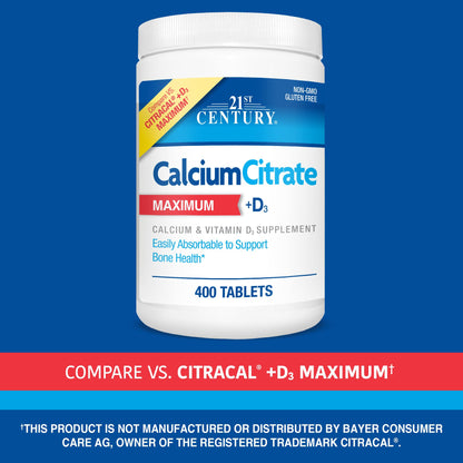 21st Century Calcium Citrate Plus D3 Maximum - 630 mg Calcium, Bone Health Support, Easily Absorbable, Gluten Free, Non-GMO, Compare to Citracal +D3, 400 Tablets
