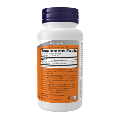 NOW Supplements, L-Carnitine 250 mg, Purest Form, Amino Acid, Fitness Support*, 60 Veg Capsules