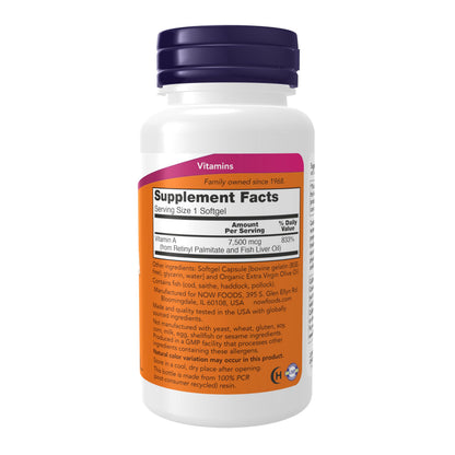 NOW Foods Supplements, Vitamin A (Fish Liver Oil) 25,000 IU, Essential Nutrition, 250 Softgels
