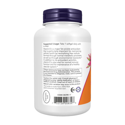 NOW Foods Supplements, Vitamin E-400 IU, D-Alpha Tocopheryl, Antioxidant Protection*, 250 Softgels