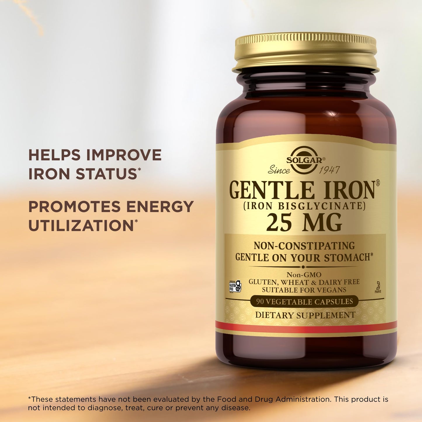 Solgar Gentle Iron (Iron Bisglycinate) 25 mg - 90 Vegetable Capsules - Non-Constipating, Gentle on Your Stomach - Gluten Free - 90 Servings