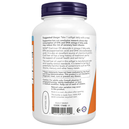 NOW Foods Supplements, Cod Liver Oil, Extra Strength 1,000 mg with Vitamins A & D-3, EPA, DHA, 180 Softgels