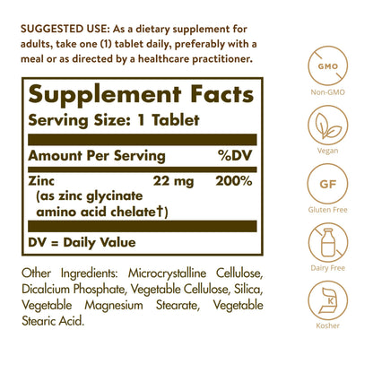 Solgar Chelated Zinc, 100 Tablets - Zinc for Healthy Skin - 100 Servings