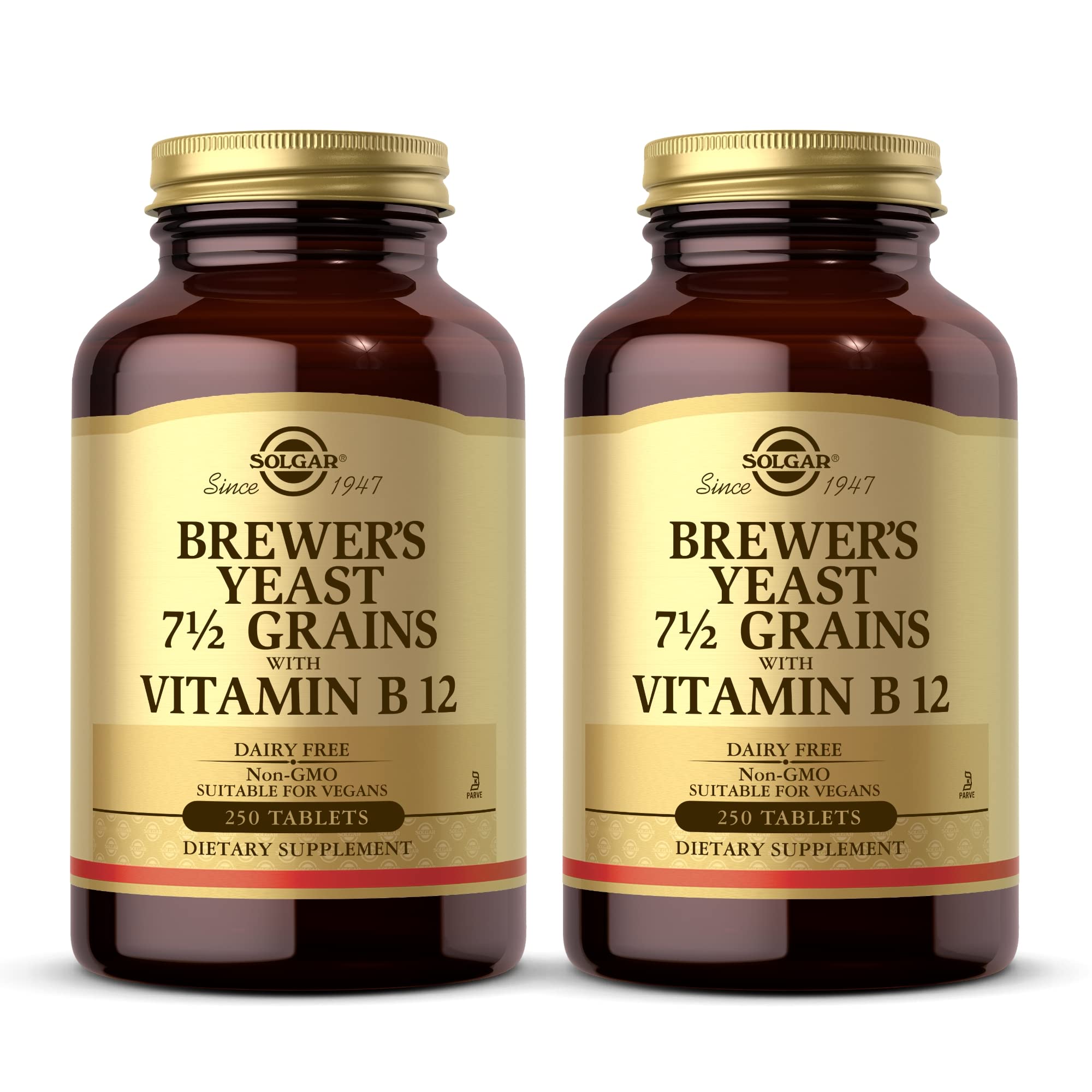 Solgar Brewer's Yeast 7 ½ Grains with Vitamin B12 - 250 Tablets, Pack of 2 - Non-GMO, Vegan, Dairy Free, Kosher - 82 Total Servings