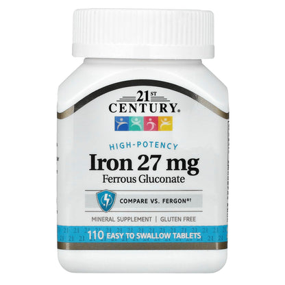 21st Century Iron 27mg Ferrous Gluconate Tablets, Energy Support, 110ct
