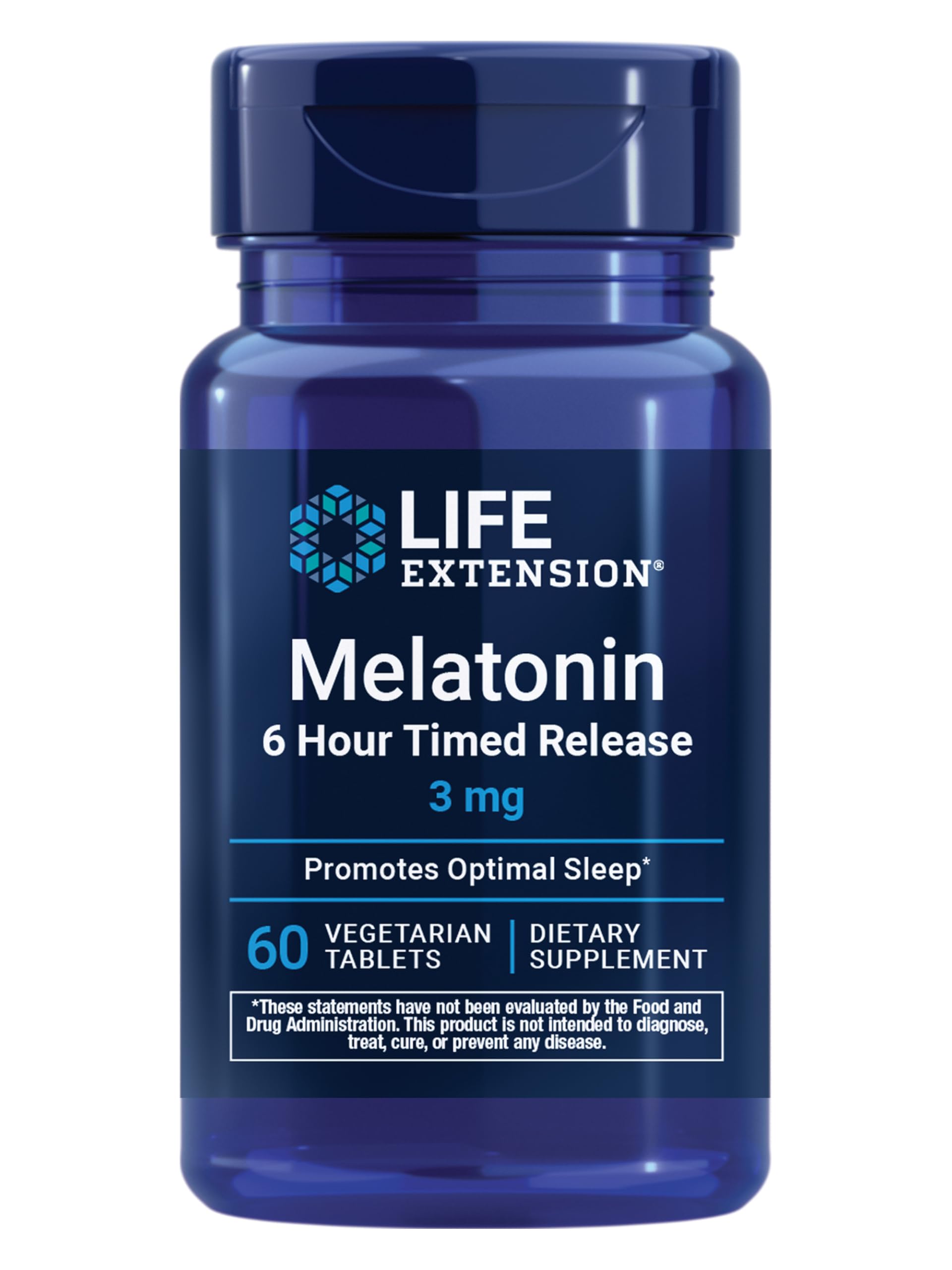 Life Extension Melatonin 6 Hour Timed Release, 3 mg, Extended-Release Formula for Optimal Sleep Support, Healthy circadian Rhythms, Cellular Defense, Gluten-Free, Non-GMO, Vegetarian, 60 Tablets