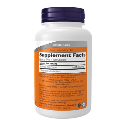 NOW Supplements, Taurine 1,000 mg, Double Strength, Nervous System Health*, 100 Veg Capsules