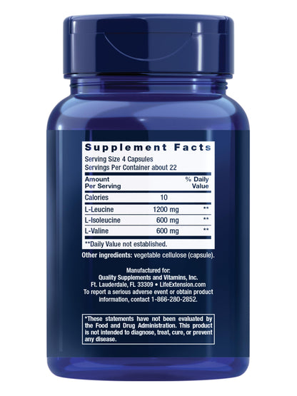 Life Extension Branched Chain Amino Acids (BCAAs), leucine, isoleucine, valine, Promotes Muscle Recovery After Exercise, Gluten-Free, Non-GMO, 90 Capsules