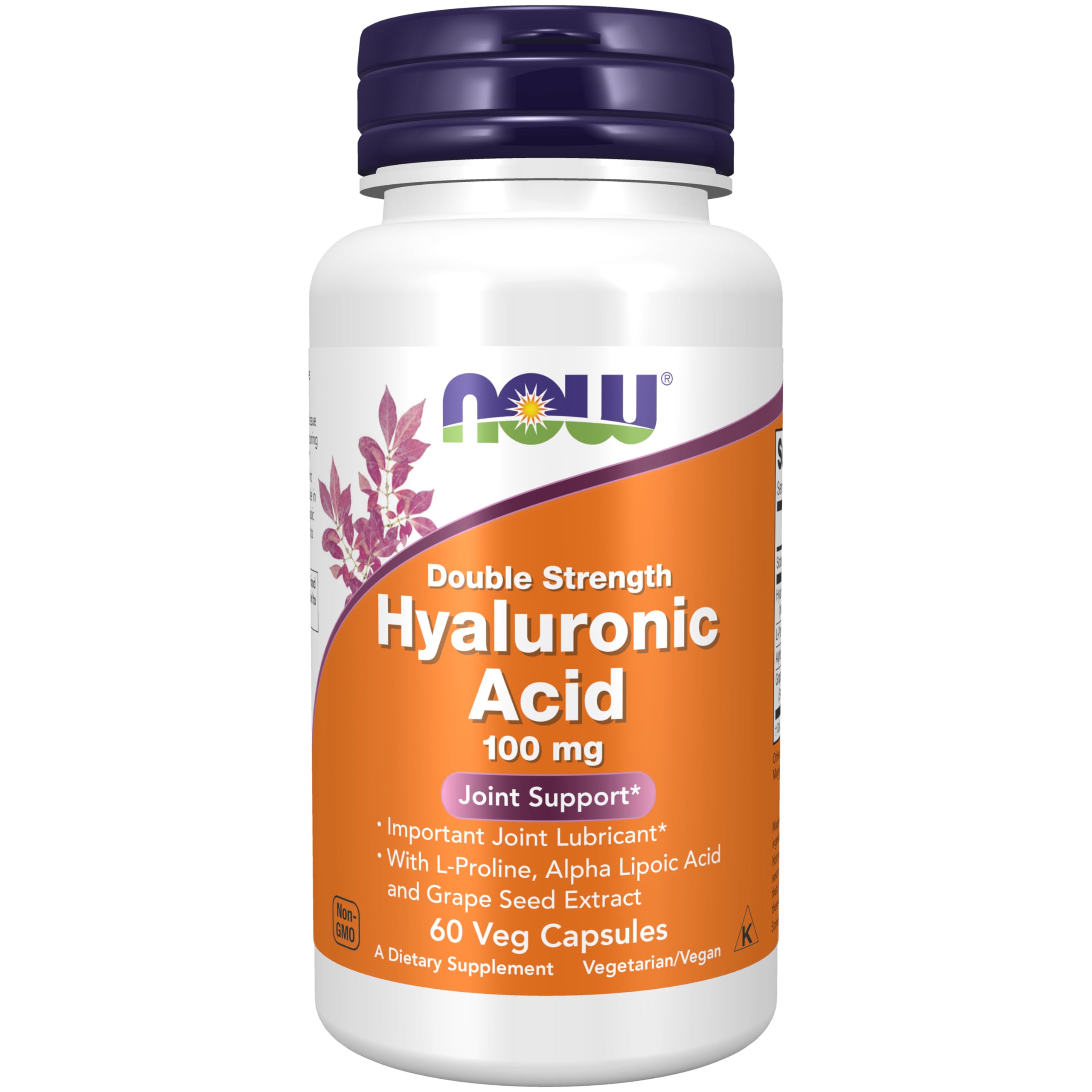 NOW Foods Supplements, Hyaluronic Acid 100 mg, Double Strength with L-Proline, Alpha Lipoic Acid and Grape Seed Extract, 60 Veg Capsules