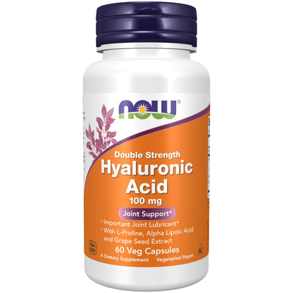 NOW Foods Supplements, Hyaluronic Acid 100 mg, Double Strength with L-Proline, Alpha Lipoic Acid and Grape Seed Extract, 60 Veg Capsules